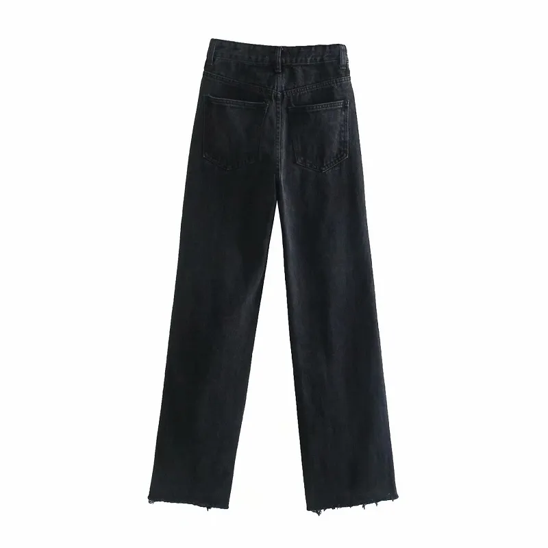 Jeans déchirés noirs Y2K taille haute pour femmes mode streetwear jambe large femme rue pantalon droit poches 210430