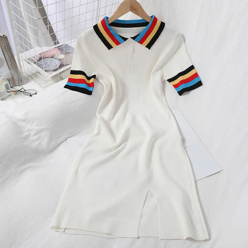 Casual Knitted Summer Women Dress Vintage Turn Down Collar Striped Short Sleeve Spilt Out Female Harujuku Dress W9233 210526