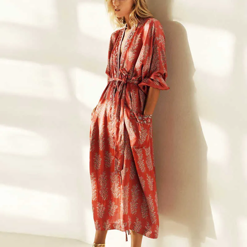 AYUALIN Long Sleeve kimono Dresses Women Cover Up Vintage Satin Red Floral Print Autumn Vestidos boho Side split Robe 210714