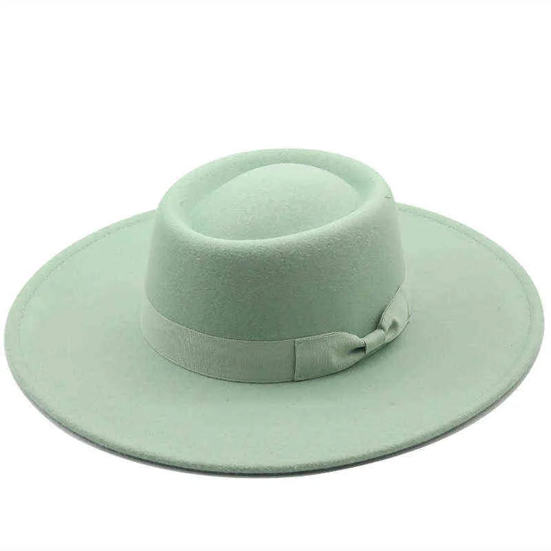 Couleur de couleur unie d'automne Hiver Wool laine Simple Round plan plat Vintage large Fedoras chapeaux Fedoras pour femmes ruban de chaîne de bord 2112277889964