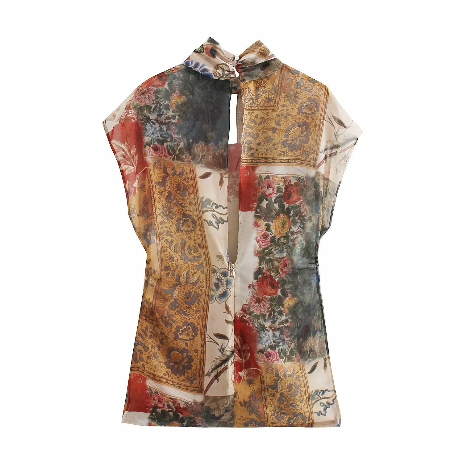 Moda Semi Sheer Drukuj Patchwork Kobieta Koszula Lato Retro Długie Top Szyfonowa Bluzka Kobiety Bez Rękawów Wysokiej ulicy Ubrania 210430