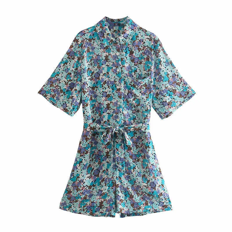 Sommar za blommig tryck kort jumpsuit kvinnor mode sidofickor bundet bälte blå playsuits kvinna knapp upp vintage jumpsuit 210602