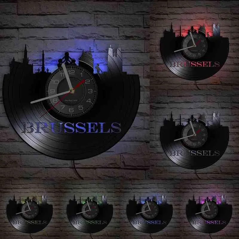 Брюссель архитектура граммофон запись настенные часы Бельгии городской пейзаж минималистичный настенный арт винтажный альбом виниловые дисковые ремесла часы H1230