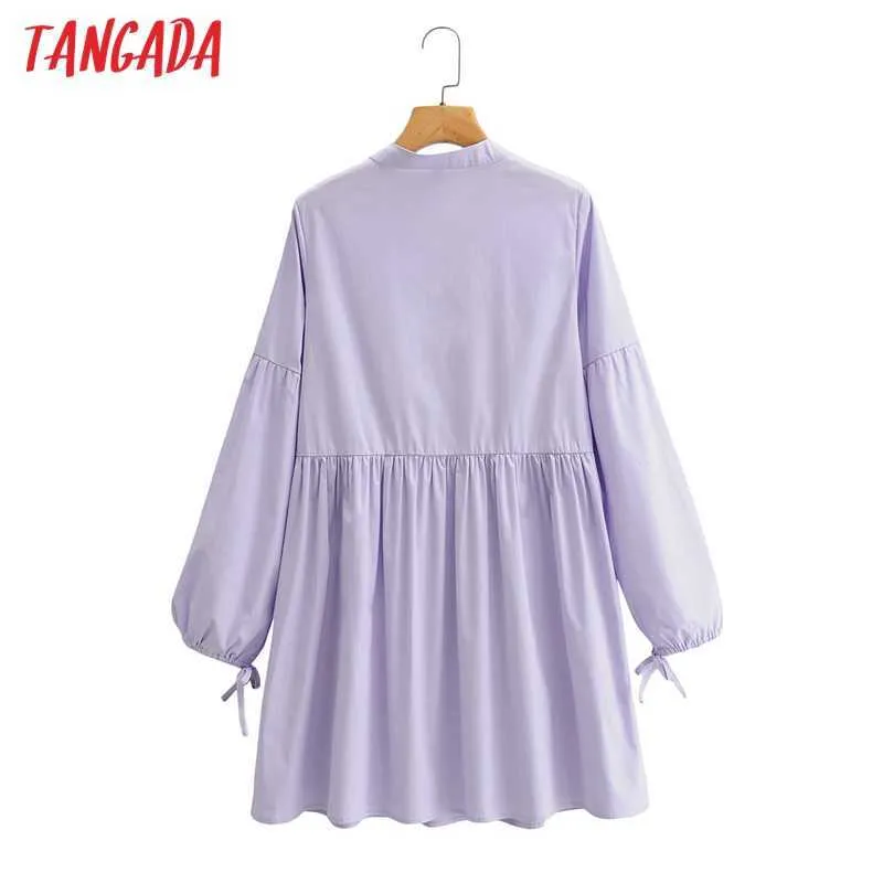 Tangada moda mujer vestido púrpura sólido llegada arco manga larga señoras cuello en V Mini vestido Vestidos SY49 210609