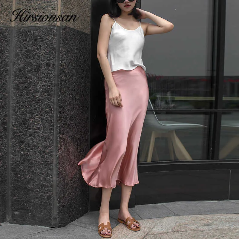 Hirsionsan Satin High Waist Spódnica Soft Smooth Silk Office Lady Podstawowe Midi Chic Eleganckie Glossy Długie 210621