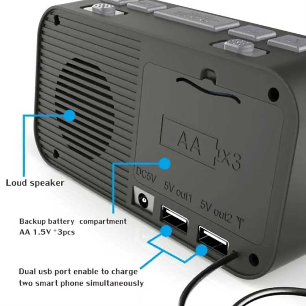 Réveil numérique Radio FM DAB, double port de charge USB Affichage LCD Rétroéclairage Volume réglable 210804