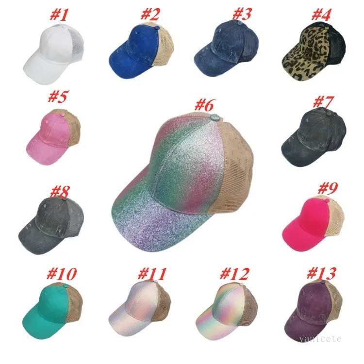 Chapeaux de fête Enfants Paillettes Queue De Cheval Chapeau 13 Styles Lavé Maille Dos Léopard Creux Messy Bun Casquette De Baseball Chapeau De Camionneur D'été Casquettes De Soleil T2I52191