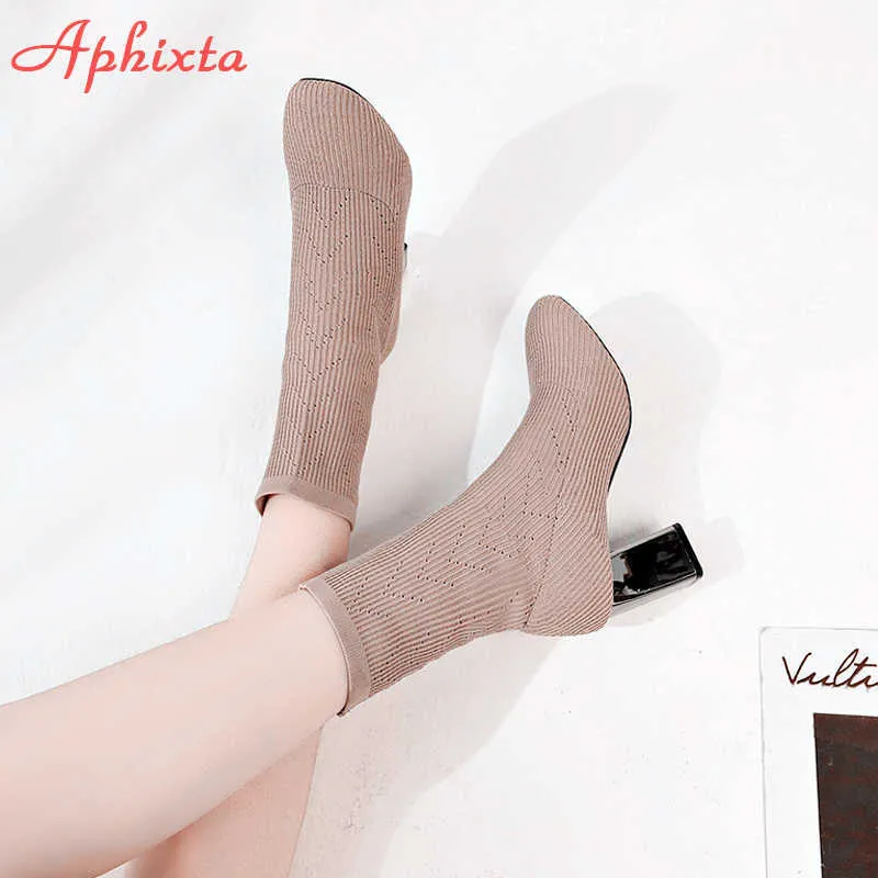 Aphixta Metall Farbe 7 cm Quadratische Heels Socken Stiefel Frauen Große Größe 43 Stretch Stoff Elastische Spitze Zehen Schuhe Ankle boot Frau Y0910