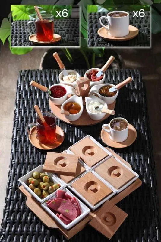 高品質の木製の竹の朝食チームクラムシェルトレイティーセットマグコンコーヒーカップソーススプーンナイフプレゼンテーションサービス210928