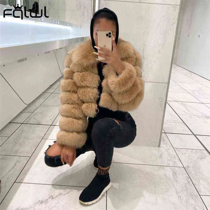 FQLWL Casual Bianco Nero Fluffy Autunno Inverno Cappotto in pelliccia sintetica Giacca da donna Manica lunga Piumino corto capispalla 211220