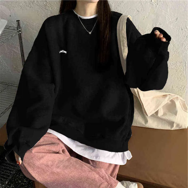 Höst Oversized Hoodies Kvinnor Koreansk version Sweatshirt Hoodie Toppar Street Style Letter Broderi Långärmad Pullovers 211109