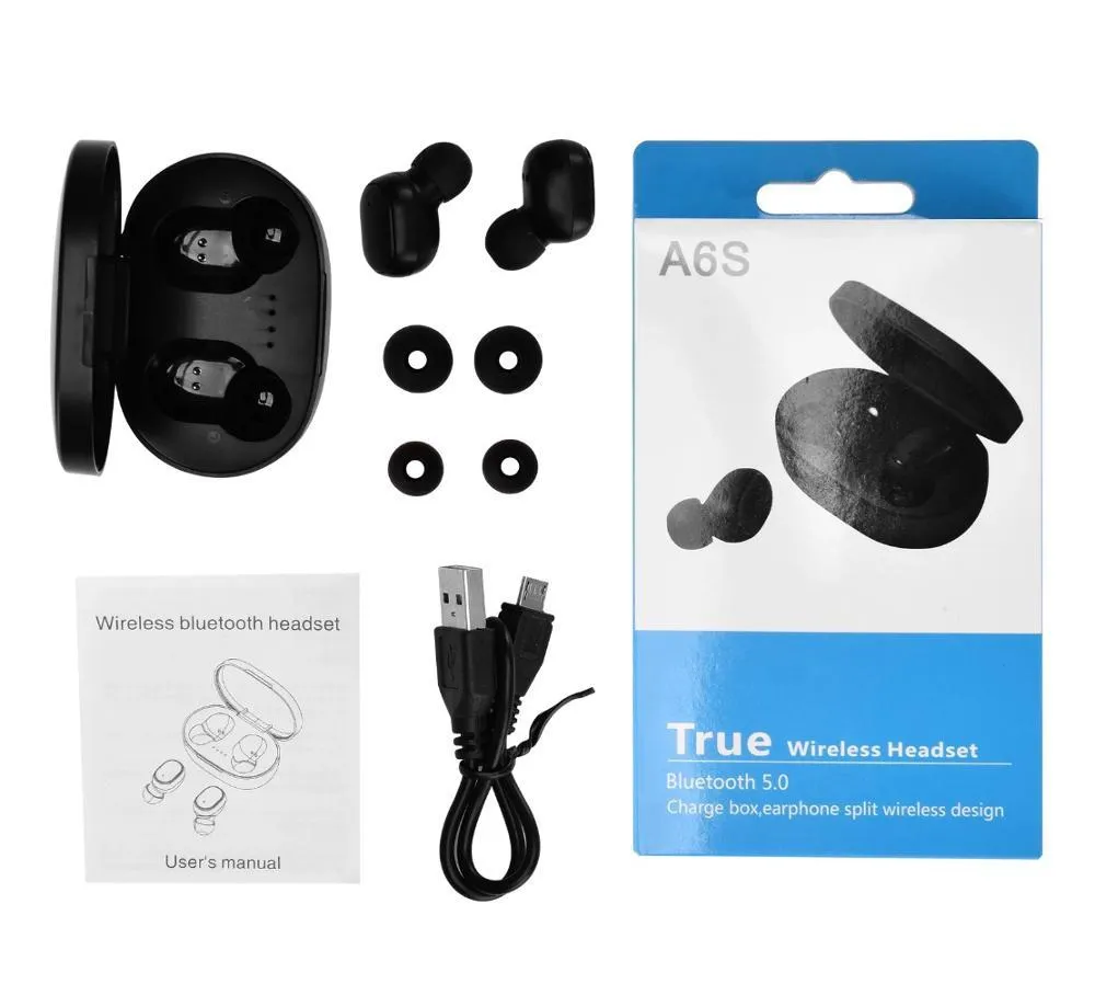 TOP A6S TWS Wireless Bluetooth Headset Earphones Pk Xiaomi Redmi Airdots Buller Corting Earuds Blutooth för all smarttelefon