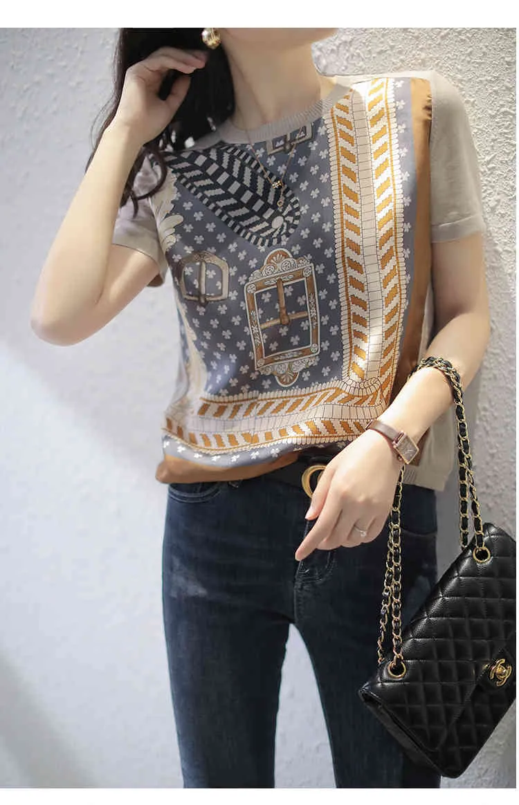 Mode femmes tricots été imprimé soie couture tricoté tempérament tout match T-shirt à manches courtes 210520