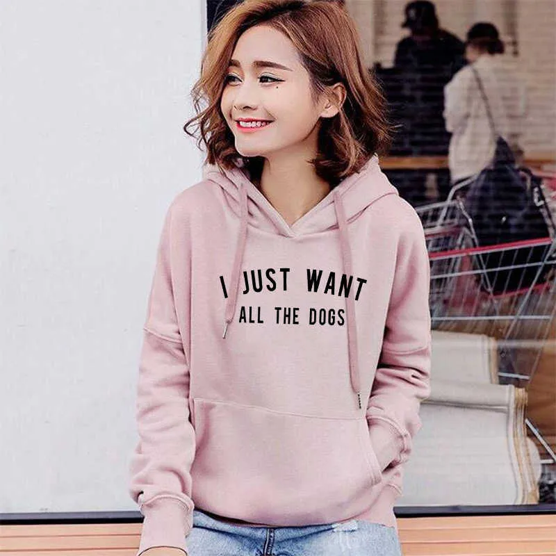 Ik wil gewoon alle honden Sweatshirts Dames Kawaii Grappige Hoodie Pullovers Hoodies Moletom Feminino Winter Sweatshirt Mujer Y0820