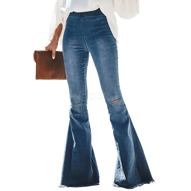 Qnpqyx nya kvinnor rippade hål flare jeans byxor slim sexig vintage bootcut wide ben flared jeans kontor lady bell bottoms denim byxor ljja2977