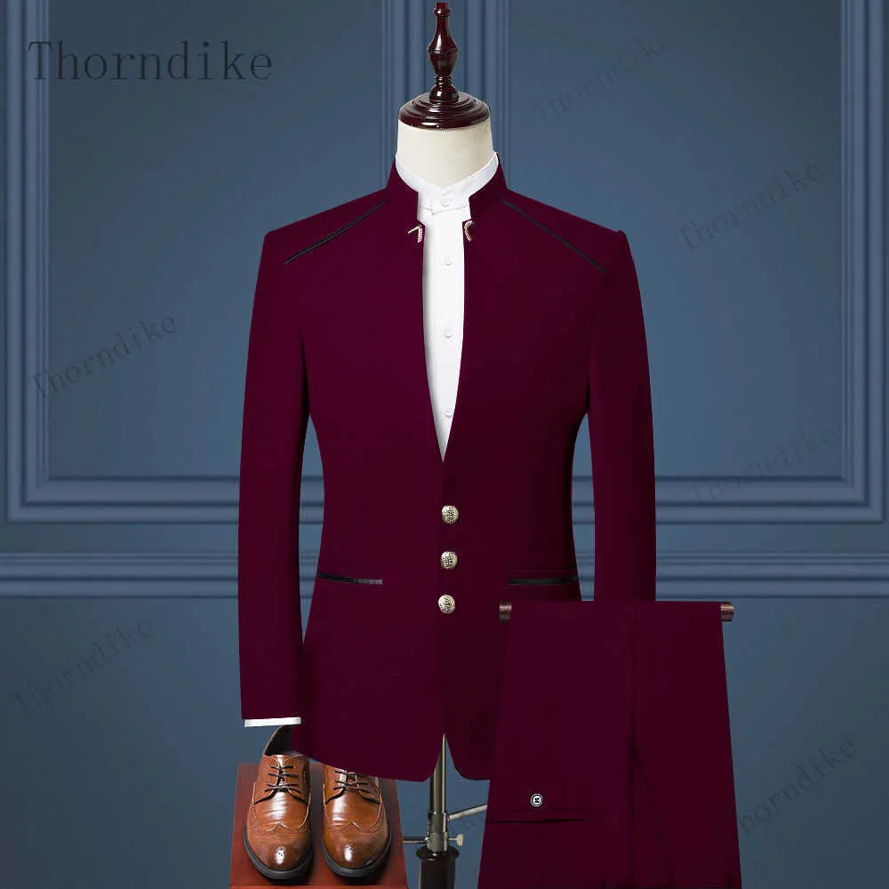 Thorndike homens terno estilo chinês stand gola terno masculino noivo de casamento slim firster tamanho blazer conjunto smoking casaco + calça x0909