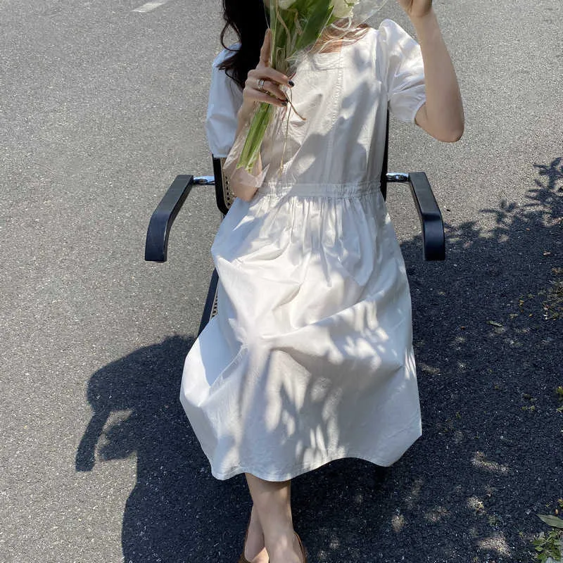 HXJJP Vestido de verano Largo Suelto Francés Retro Cuello Cuadrado Lavado Mujer Algodón Azul Rosa Blanco 210607