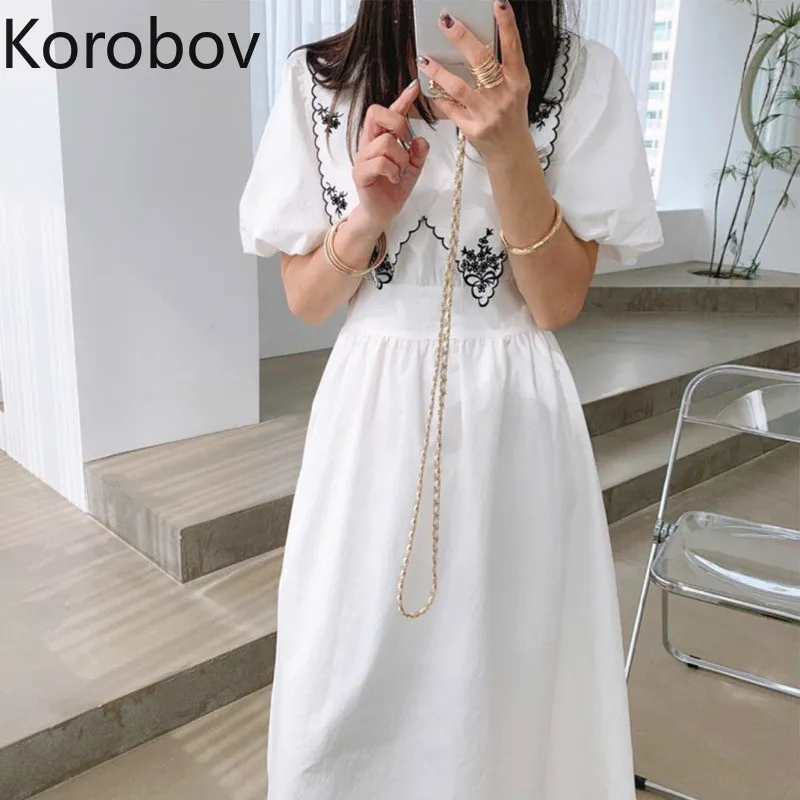 Korobov nova chegada mulheres coreanas vestido doce flor bordado peter pan colar verão vestidos vintage a linha vestidos 210430