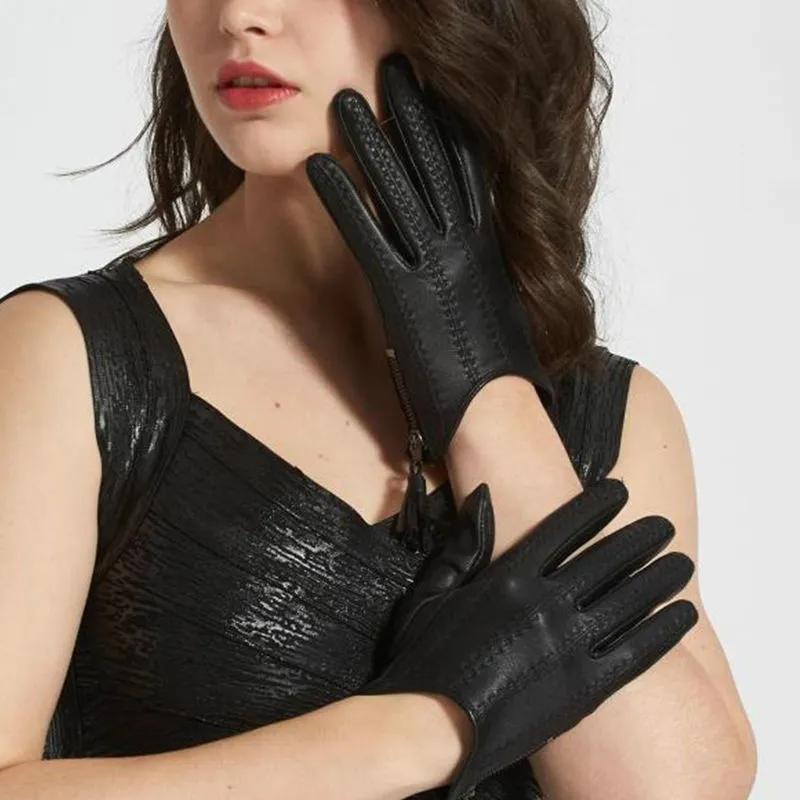 Importierte echtes Leder Touchpad Sensible Handschuhe Damen Herbst und Winter dünnes Fleece verdicktes warmes Fahren Reißverschluss Quaste kurze Goa9579341