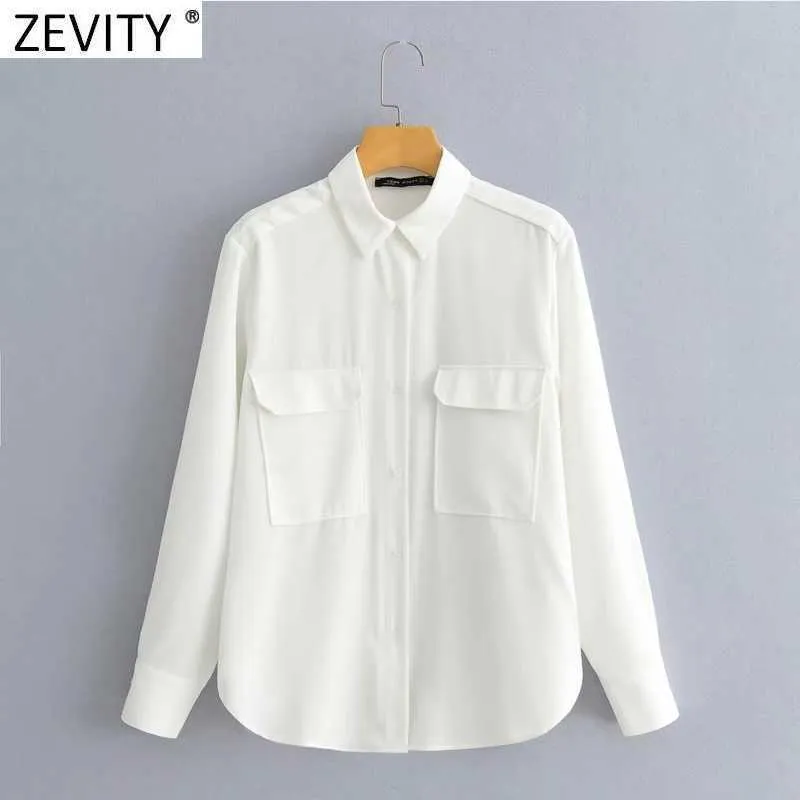 Zevity, camisa de negocios con parche de doble bolsillo para mujer, blusa con cuello vuelto para mujer de oficina, blusas Chic Chemise LS9290 210603