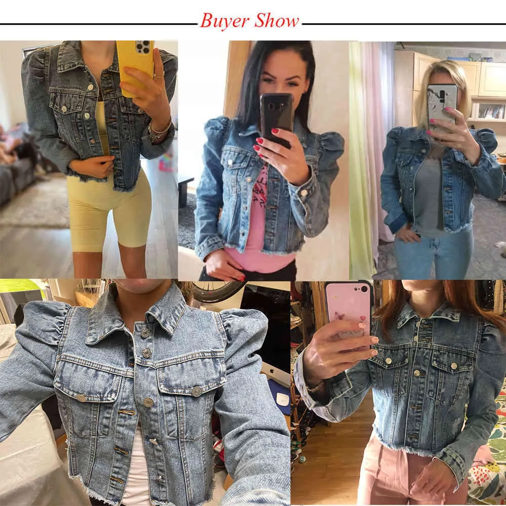 Bleu Recadrée Denim Vestes Femmes Manches Bouffantes Avec Bouton Poches Vintage Manteau Automne Hiver Streetwear Déchiré Jean Outwear