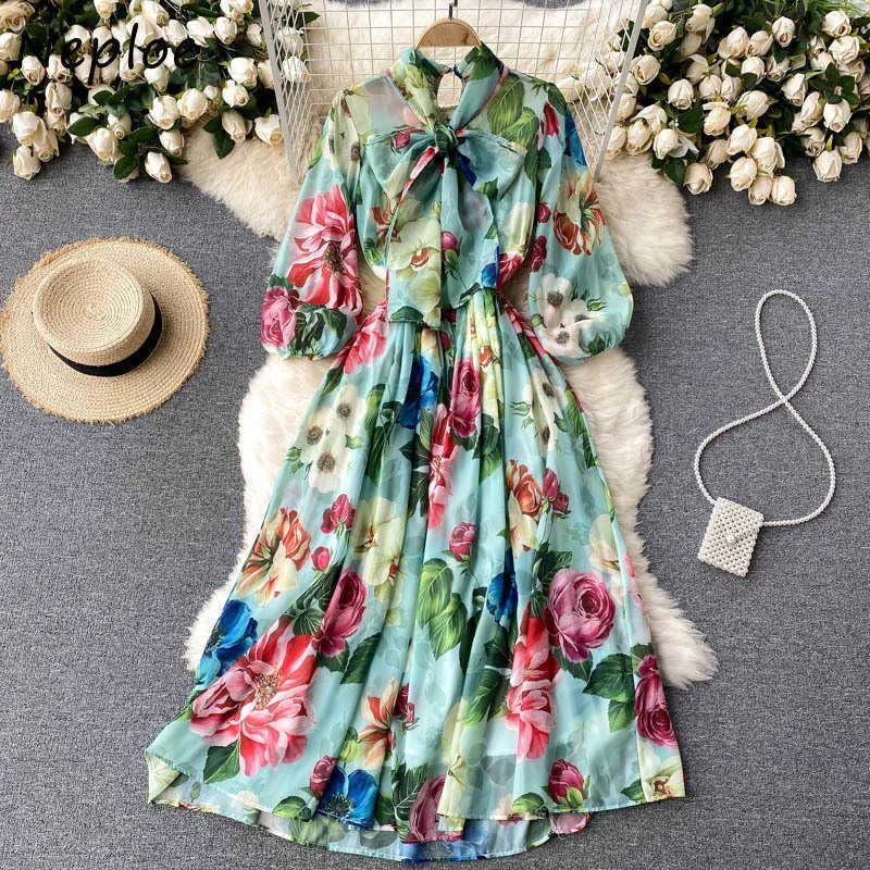 Neploe Holiday Bohemain Print Dress Women High Waist Hip A Line Slim Vestidos Slå ner Collar Long Sleeve Robe Spring 2021 C0607