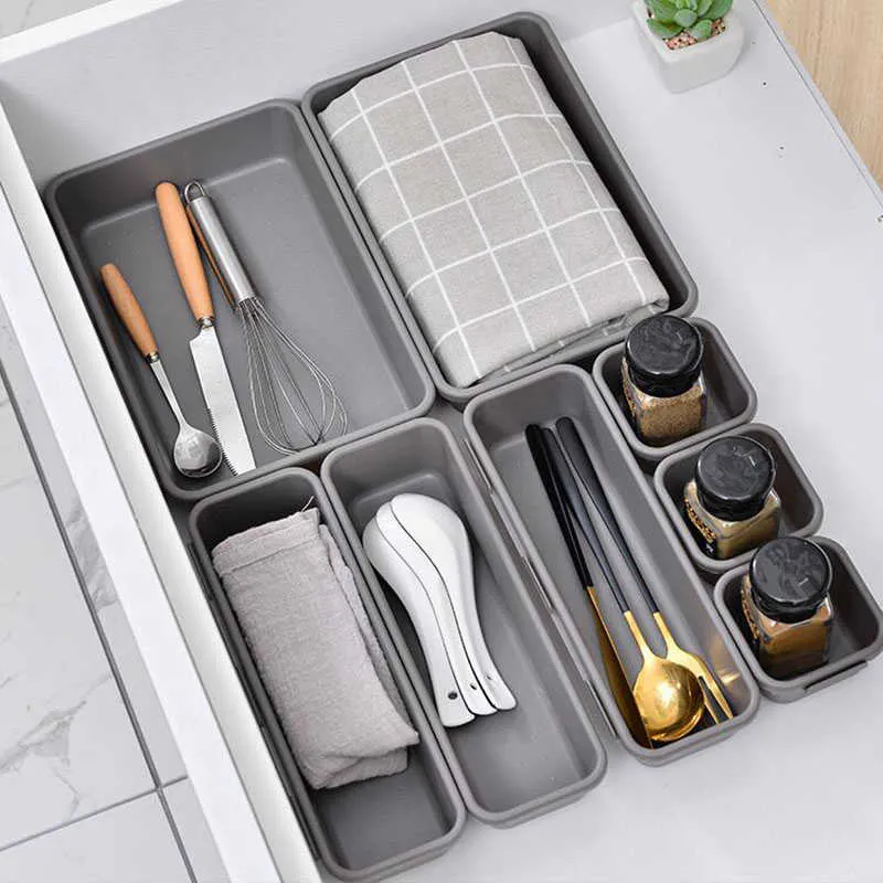 Drawer Storage Box Cosmetic Organizer Kitchen Tableware Jewelry Storage Tray Office Supplies Finishing Box Compartment 210626