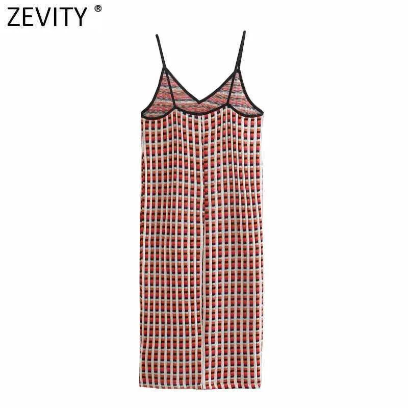 Zevity kvinnor vintage v nacke breasted houndstooth plaid knit slim sling klänning kvinnlig chic sommar varumärke party midi vestido ds8120 210603