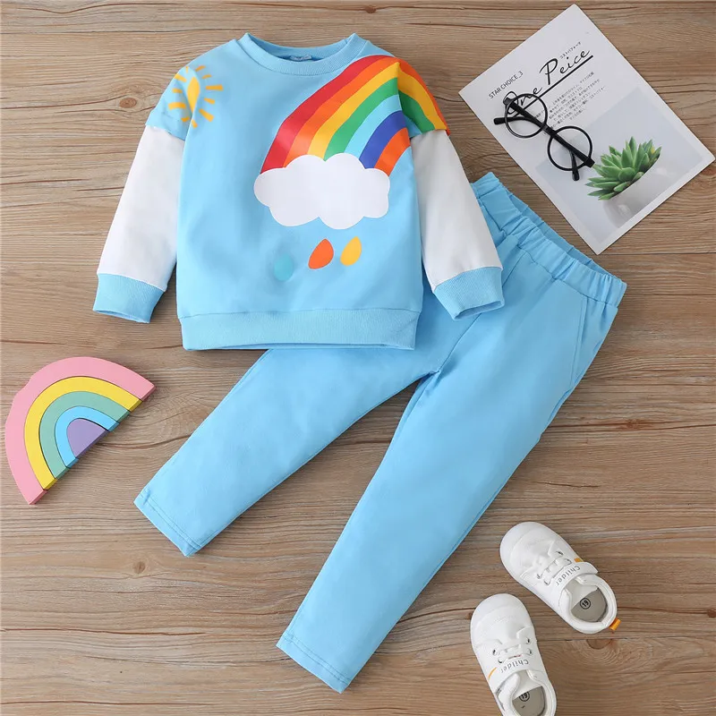 Baby Girls Spring Clothing Sets Rainbow Print Stitching Roupos Criando Sorto de moletom de roupa de roupa Crianças Crianças 2105085166387