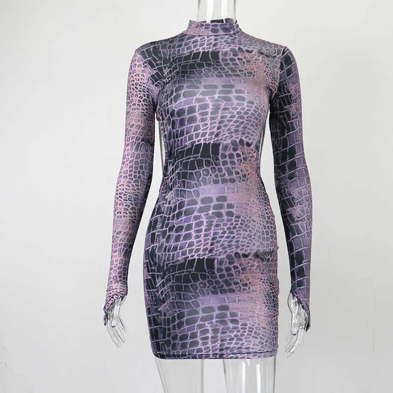 Quanrun Fashion Women O-Neck Długim Rękawem Dress Digital Print Backless Package Spódnica Party Streetwear Mini Dress 210604