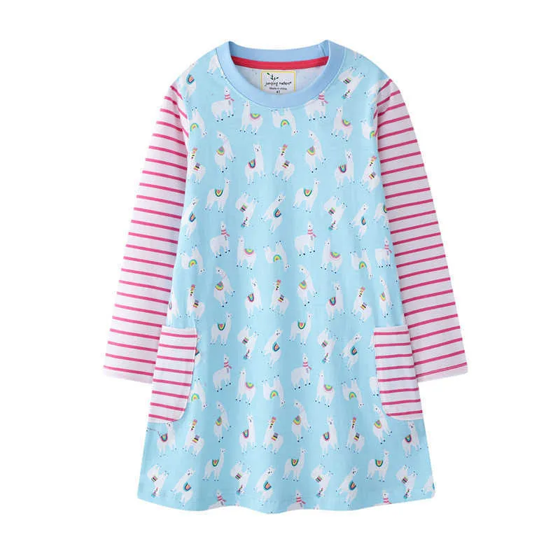 Прыжки метров принцессы карманы платья с Alpaca Print Cotton Baby осень весенняя одежда с длинным рукавом детей платье 210529