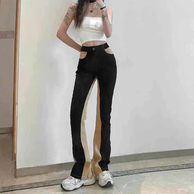 Black Khaki Patched Y2K Flare Jeans para Meninas Moda Feminina Skinny Mulheres Vintage Calças de Denim High Cintura Calças Harajuku 210510