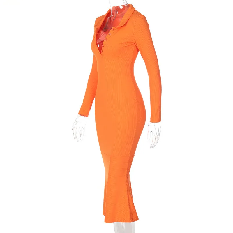 Cnyishe high street neon laranja Party vestido feminino abiti aderenti para mulher turn-down colarinho manga longa babados abiti midi