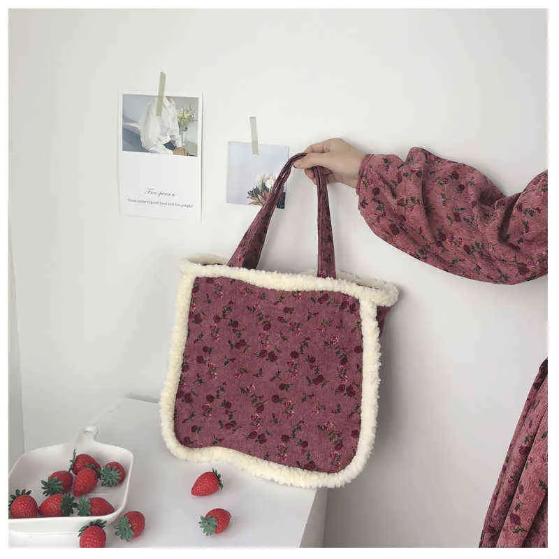 NXY Shopping Väskor Partihandel Tappning Tjej Rose Flower Broderi Plush Stitching Tote Velvet Lamb Wool Corduroy Student Shoulder 220128