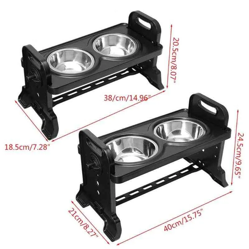 Anti-Slip Elevated Double Dog Bowl Adjustable Height Pet Feeding Dish Stainless Steel Foldable Cat Food Water Feeder 2110292381
