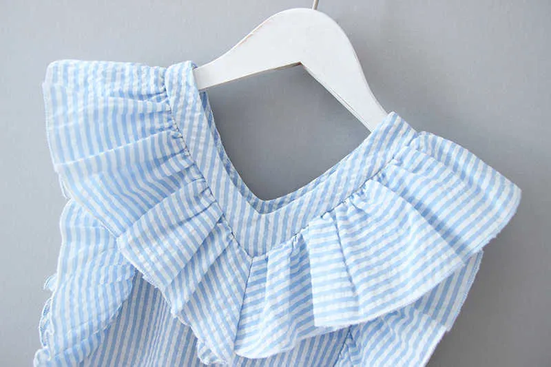 Humor Bear Girls Clothing Set 2020 Koreanska Sommar Ny Striped Ruffle Top T-shirt + Byxor Barn kostym Toddler Baby Barnkläder X0902