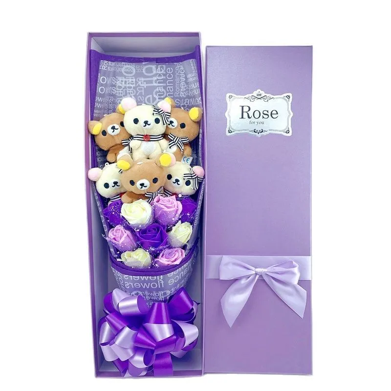 Cute Teddy Bear Stuffed Animal Plush Toy Lover Rilakkuma Bear Flower Bouquet Gift Box Birthday Valentine's Day Christmas Gifts 220304