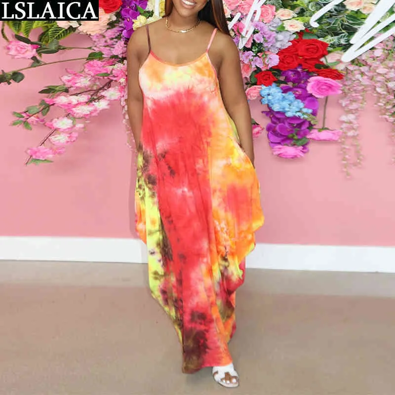 Wholesale Items Fashion Sexy Suspender Dress Women Tie Dye Print Plus Size Streetwear Party Summer Robe De Plage 210515