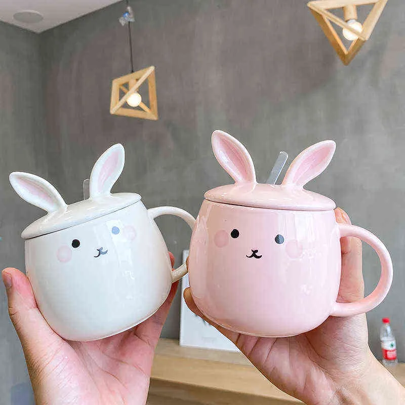 Керамическая чашка с мультяшным кроликом и ложкой, чашка для кофе, чашка для завтрака, кружка, милая студенческая пара, чашка с крышкой и ложкой G1126257s