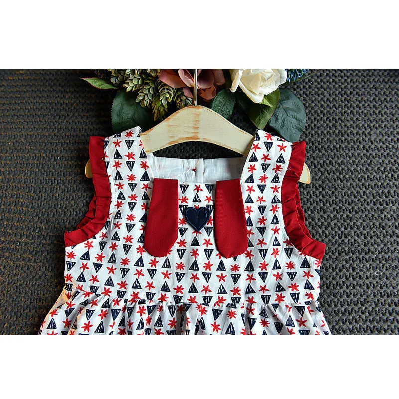 LOVE DD&MM Girls Sets Summer Children's Wear Girls Sleeveless Wood Ear Square Collar Print Dress + Shorts Wine Red Suit 210715