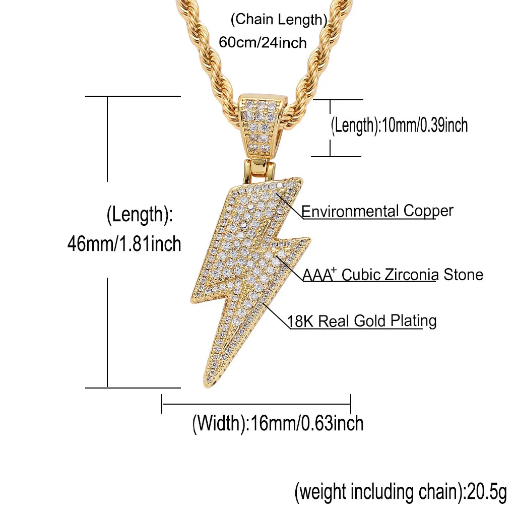 18k goud flitsbliksem ketting sieraden set diamanten zirkonia hanger hip hop kettingen bling sieraden voor vrouwen mannen Stainle227C