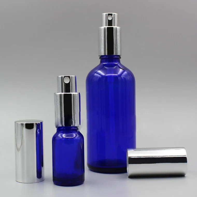 10ml, 15 ml, 20 ml, 30 ml, 50 ml, 100 ml Tom glassprayflaska, blå parfymflaskor Silver Sprayer Atomizer Kosmetiska flaskor