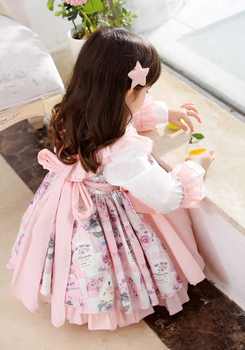 Nuovo stile autunno inverno manica lunga bambini vestito ragazze abito da ballo bambini stampa vintage Lolita Bow Princess Party Wedding Vestidos Q0716