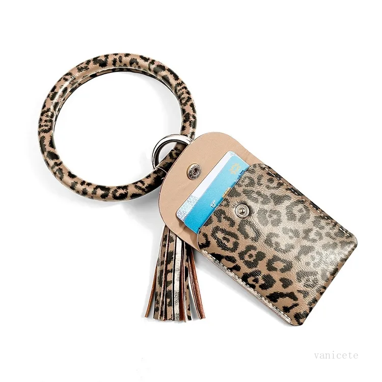 Leopard PU Lether Bracelet Porte-clés avec sac de carte Glands Pendentif 3 couleurs Sacs de poignet de voiture portables Changer les fournitures de fête T2I51990