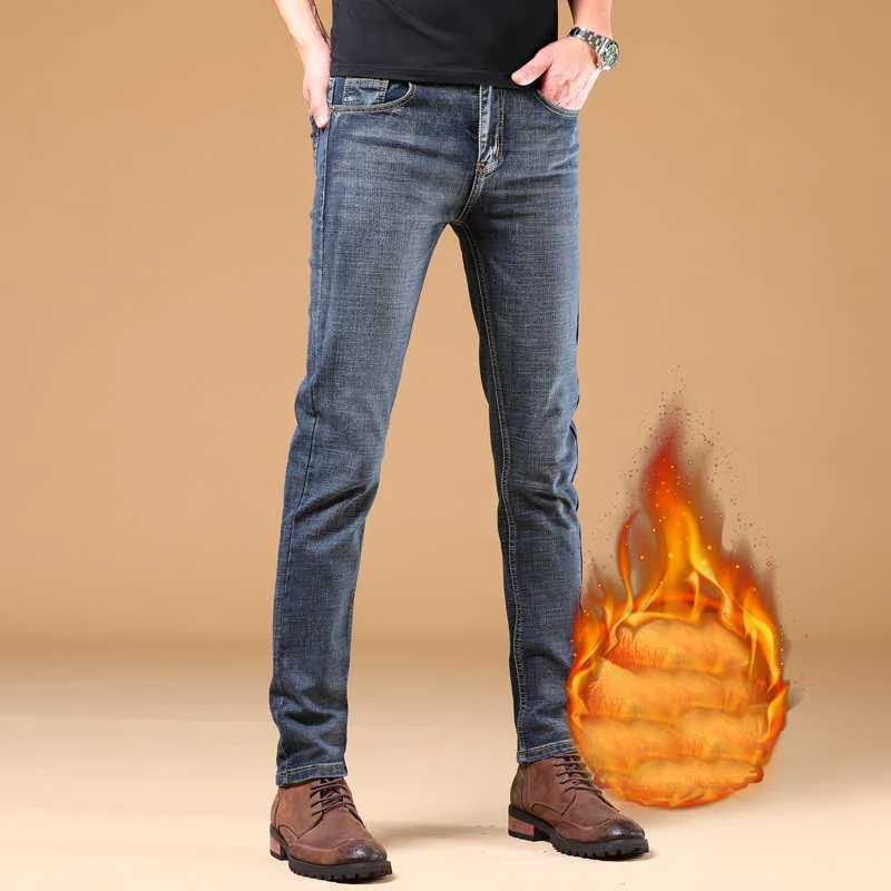 Hiver thermique chaud flanelle Stretch Jeans hommes hiver qualité célèbre marque polaire pantalon droit flocage pantalon Denim Jean X0621