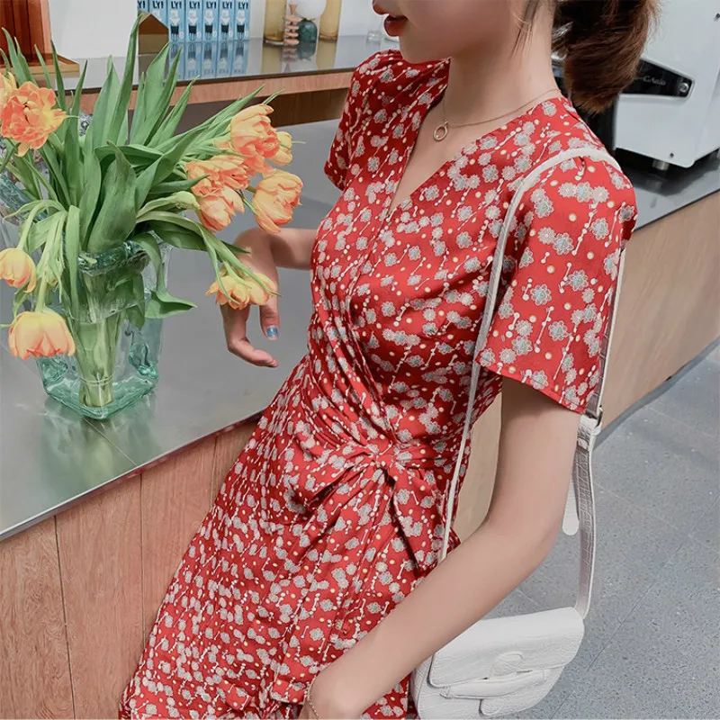 夏の渤海ビーチドレス女性シフォンES Vネックフリルボヘミアンプラスサイズロードvestido 210514