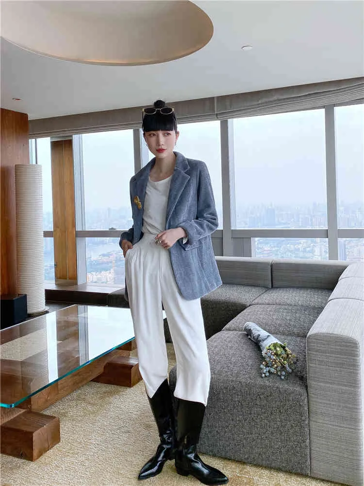冬のウールのブレザー女性灰色の青いスリムカジュアルレディース韓国のツイードのジャケットとコートデザイナーの服210427