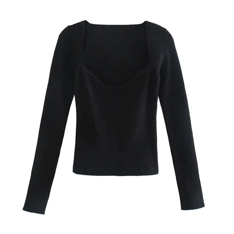 Kadın Bahar Örme Bluzlar Üstleri Gömlek ZA Katı Uzun Kollu Esneklik Vintage Kadın Moda Ince Üst Tunik Blusas 210513