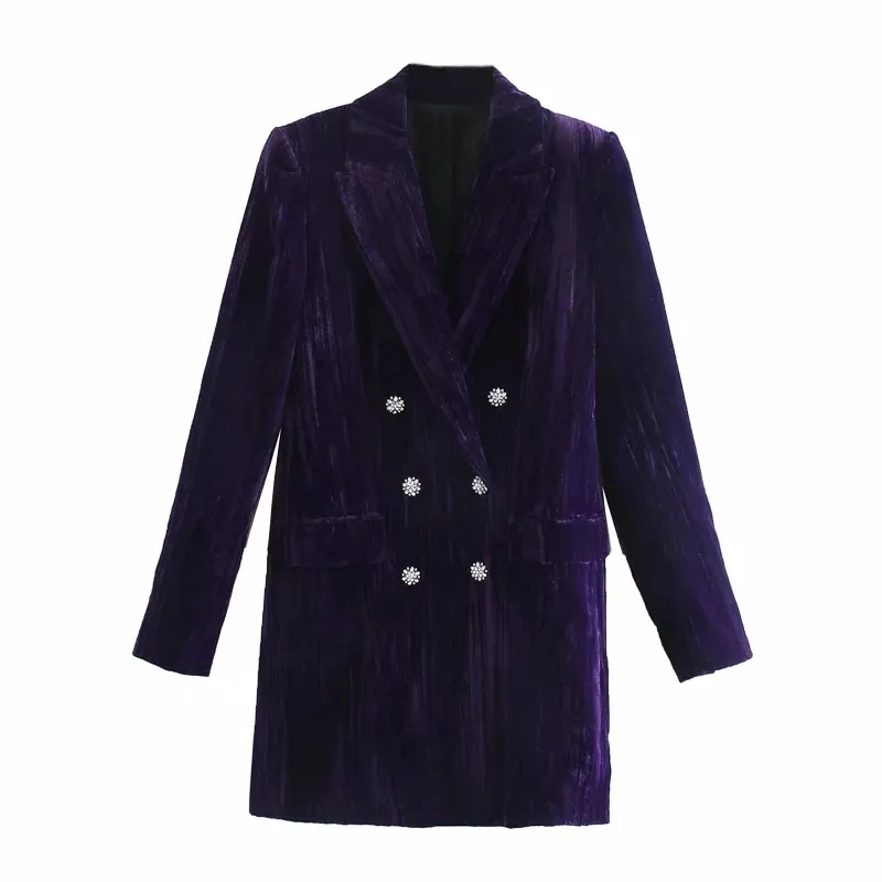 Violet Velours Blazer Robe Femmes Mode Avec Épaulettes À Manches Longues Mini Femme Élégant Bureau Dames es 210519