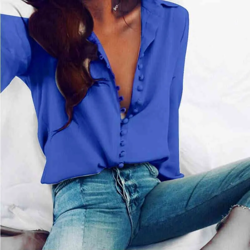 Ladies Office Shirts Fashion Casual Solid Color Tops Sexy Buttons Long Sleeve Blouse New Spring Women Chiffon White Shirt 210422